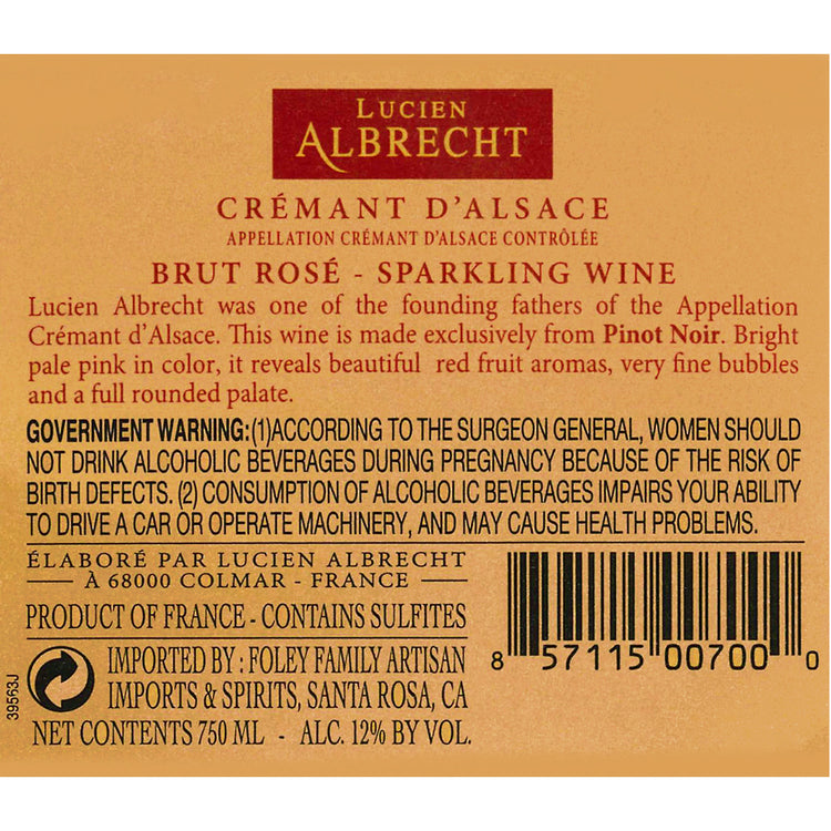 Lucien Albrecht Cremant D'Alsace Brut Rose - 750ML - Back Label