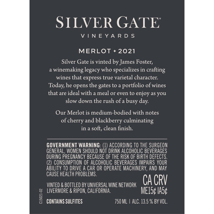 Silver Gate Vineyards Merlot California - 750ML - Back