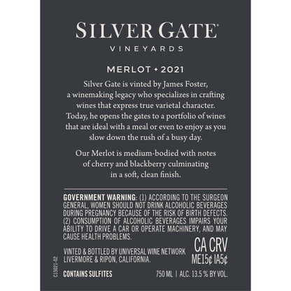 Silver Gate Vineyards Merlot California - 750ML - Back