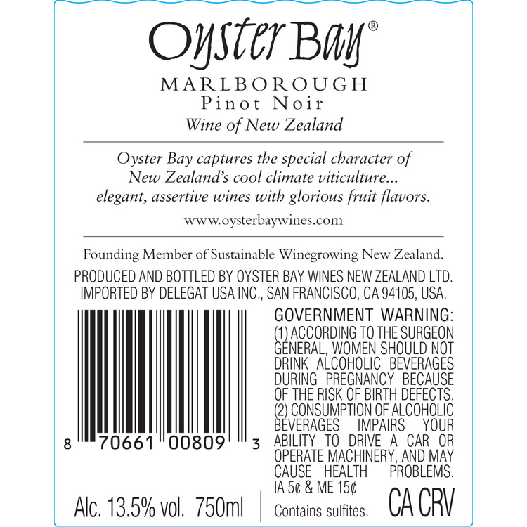Oyster Bay Pinot Noir Marlborough - 750ML - Back Label