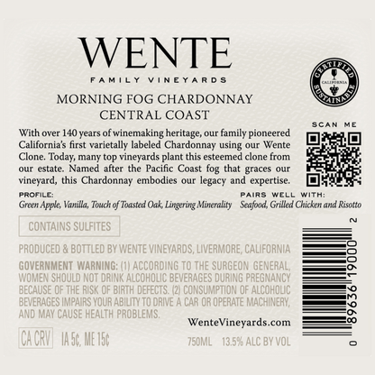 Wente Vineyards Chardonnay Morning Fog Central Coast - 750ML - Back Label