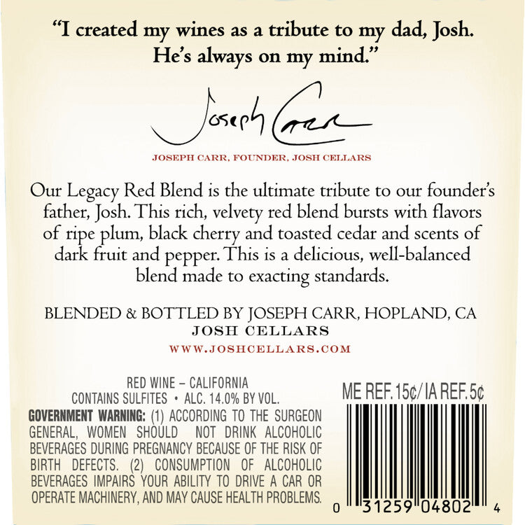 Josh Cellars Red Wine Legacy California - 750ML - Back