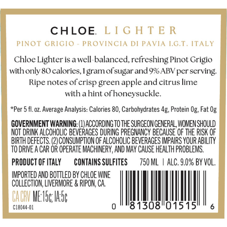 Chloe Pinot Grigio Lite Better For You Provincia Di Pavia - 750ML - Back Label