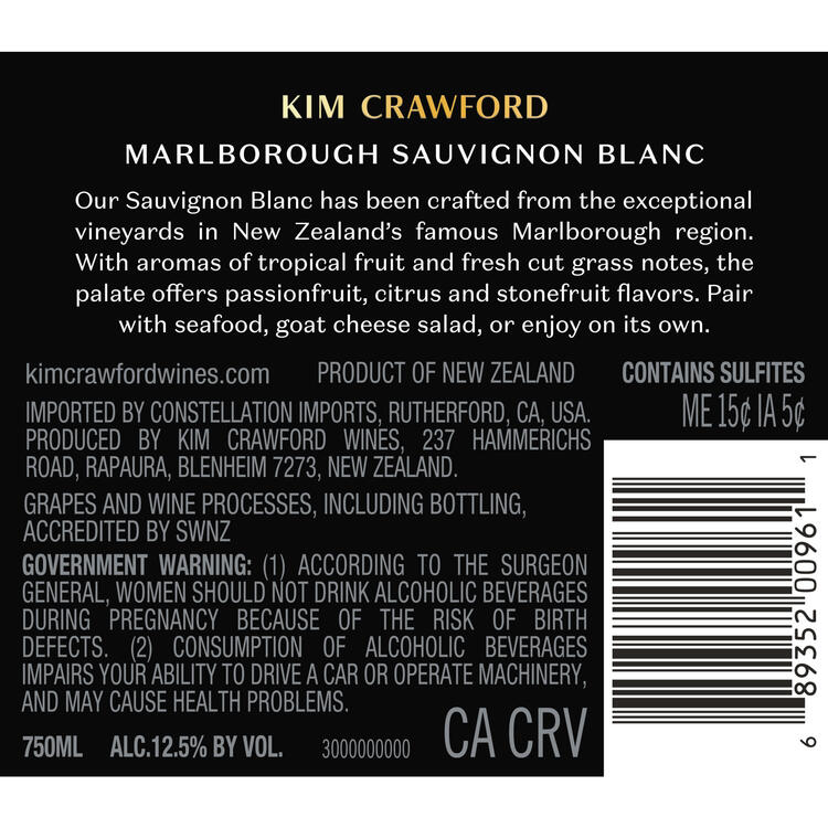 Kim Crawford Sauvignon Blanc Marlborough - 750ML - Back Label
