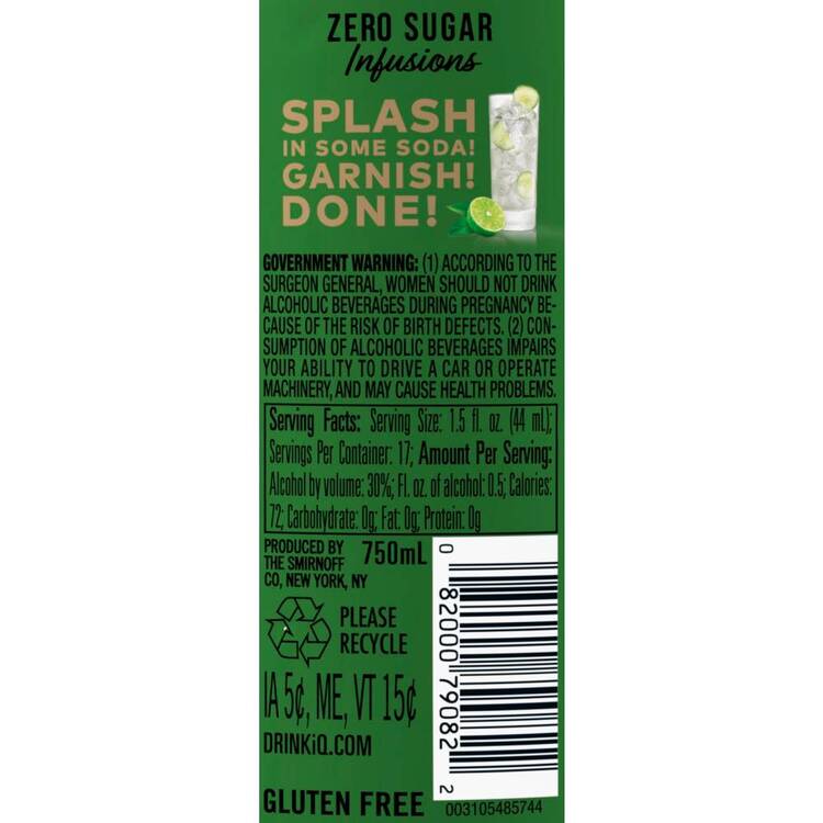Smirnoff Cucumber & Lime Flavored Vodka Zero Sugar Infusions 60 - 750ML - Back Label