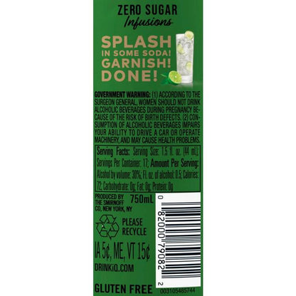 Smirnoff Cucumber & Lime Flavored Vodka Zero Sugar Infusions 60 - 750ML - Back Label