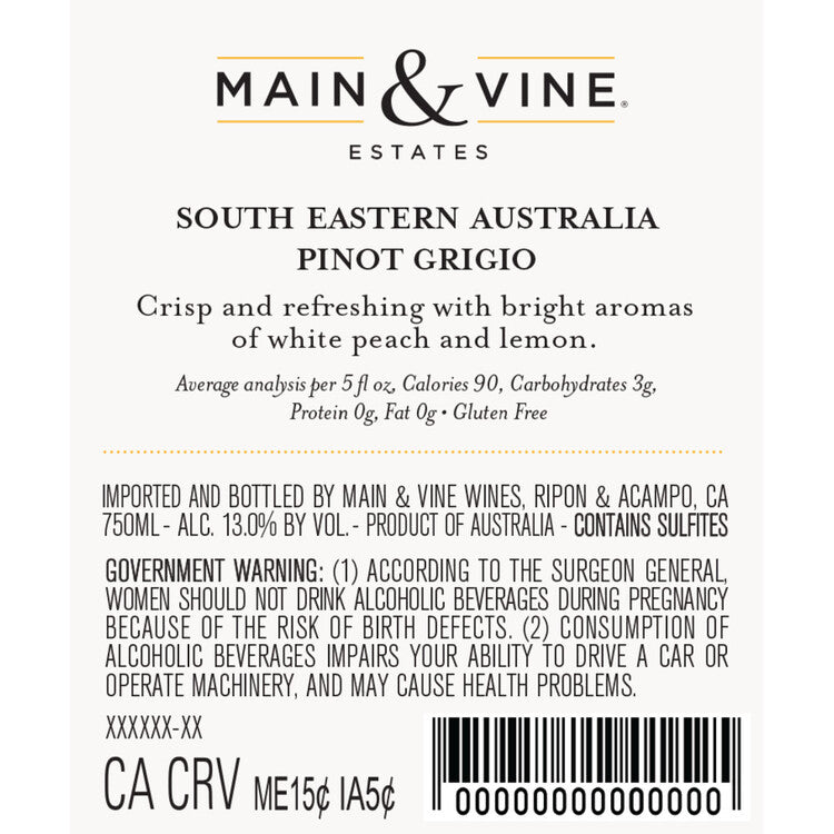 Beringer Main & Vine Pinot Grigio California - 750ML - Back