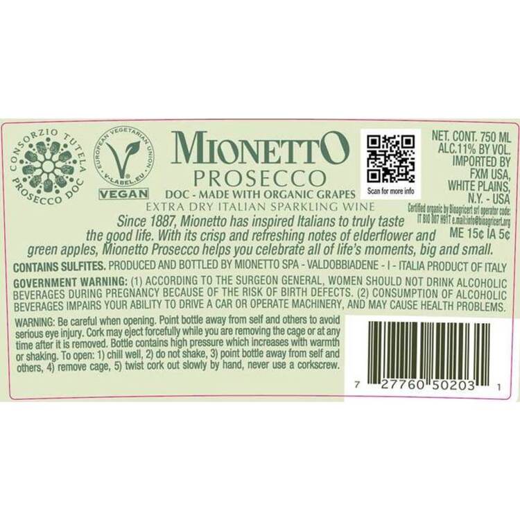 Mionetto Prosecco Treviso Extra Dry - 750ML - Back Label