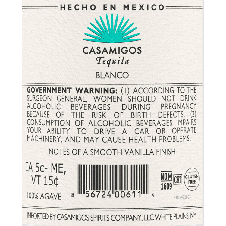 Casamigos Tequila Blanco 80 - 750ML - Back Label