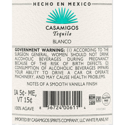 Casamigos Tequila Blanco 80 - 750ML - Back Label