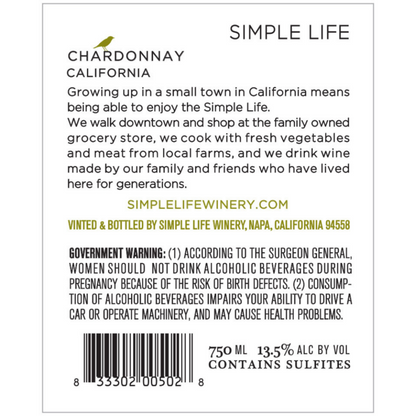 Simple Life Chardonnay California - 750ML - Back Label