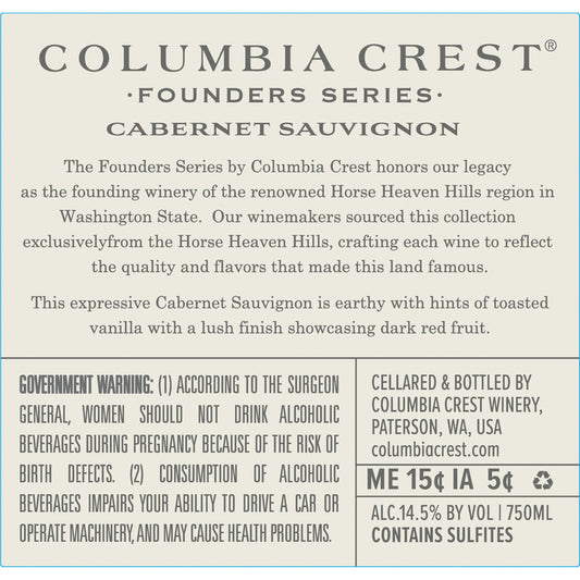Columbia Crest Cabernet Sauvignon Founders Series Horse Heaven Hills 2 - 750ML - Back Label