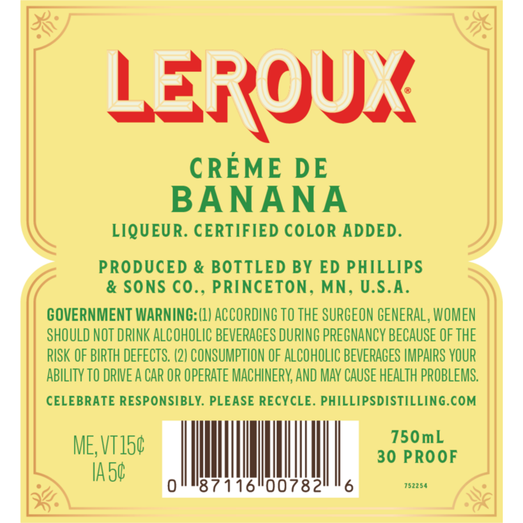 Leroux Creme De Banana 50 - 750ML - Back Label