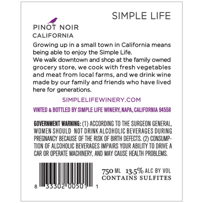 Simple Life Pinot Noir California - 750ML - Back Label