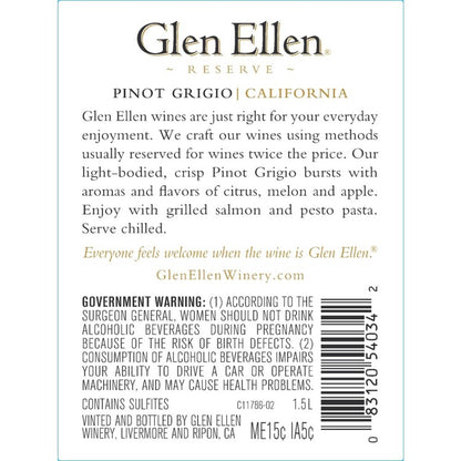Glen Ellen Pinot Grigio/Colombard Reserve American - 1.5L - Back Label
