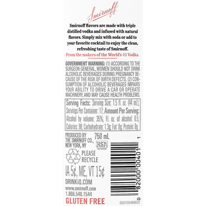 Smirnoff Vodka Vanilla Flavored 60 - 750ML - Back Label