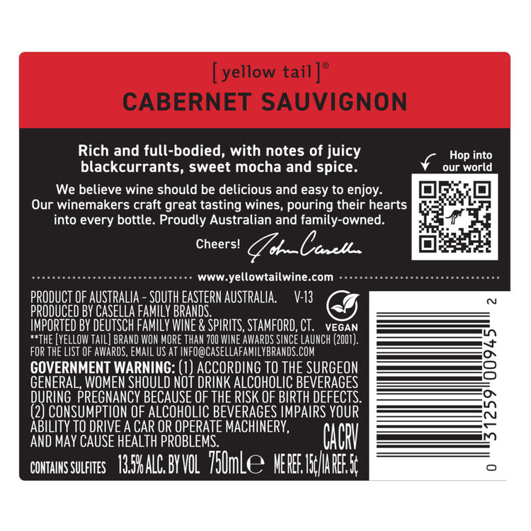 Yellow Tail Cabernet Sauvignon South Eastern Australia - 750ML - Back Label