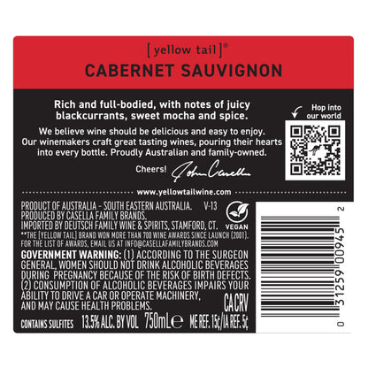 Yellow Tail Cabernet Sauvignon South Eastern Australia - 750ML - Back Label