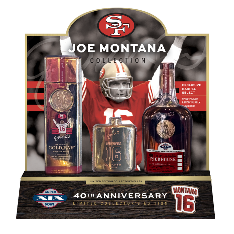 Gold Bar Blended American Whiskey Joe Montana 82 W/Flask - 750ML - Front