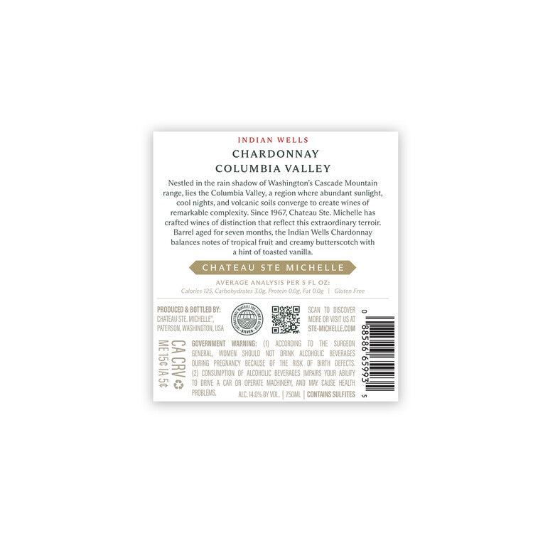 Chateau Ste. Michelle Chardonnay Indian Wells Vintage Select Columbia - 750ML - Back Label