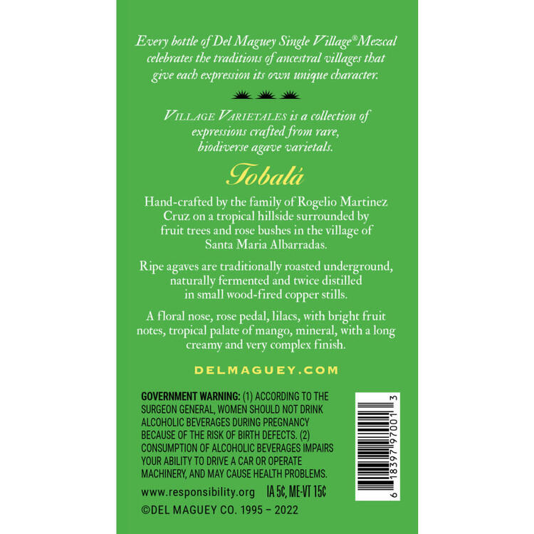 Del Maguey Mezcal Single Village Tobala 90 - 750ML - Back Label