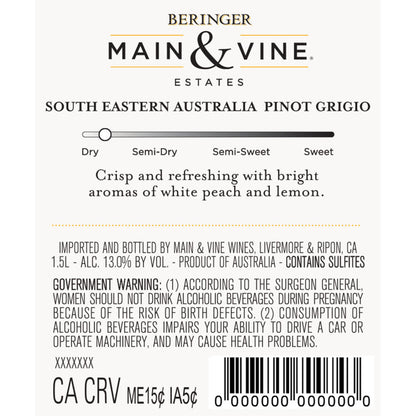 Beringer Main & Vine Pinot Grigio California - 1.5L - Back Label