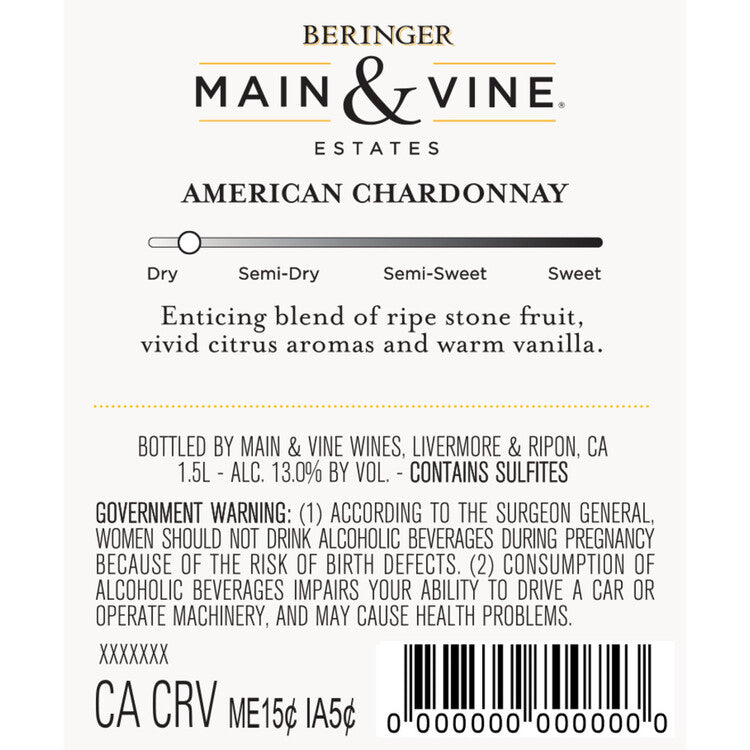 Beringer Main & Vine Chardonnay California - 1.5L - Back Label