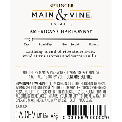 Beringer Main & Vine Chardonnay California - 1.5L - Back Label