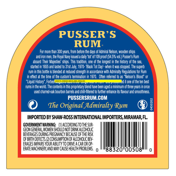 Pusser's Navy Rum British Navy 84 - 750ML - Back Label