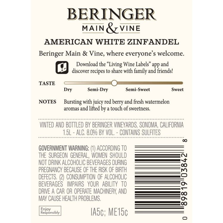 Beringer Main & Vine White Zinfandel California - 1.5L - Back Label