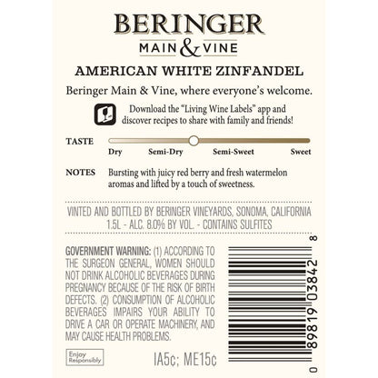 Beringer Main & Vine White Zinfandel California - 1.5L - Back Label
