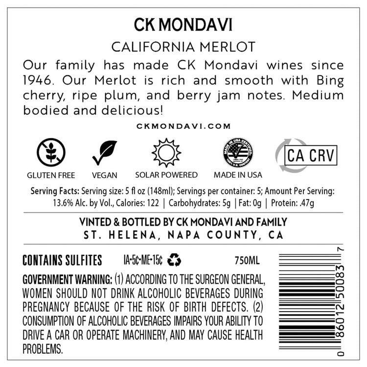Ck Mondavi Merlot California - 750ML - Back Label