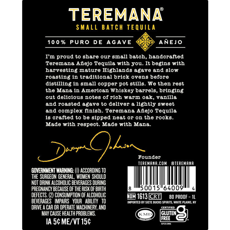 Teremana Tequila Anejo Small Batch 80 - 1.0L - Back Label