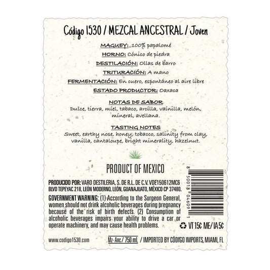 Codigo 1530 Mezcal Ancestral Joven 86.2 - 750ML - Front