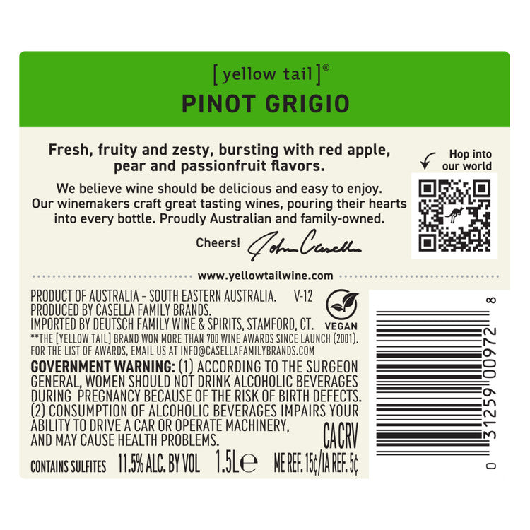 Yellow Tail Pinot Grigio South Eastern Australia - 1.5L - Back Label