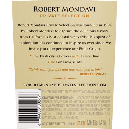 Robert Mondavi Private Selection Pinot Grigio California - 750ML - Back Label