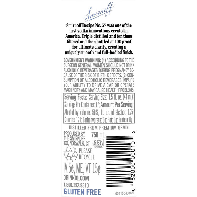 Smirnoff Vodka 100 - 750ML - Back Label
