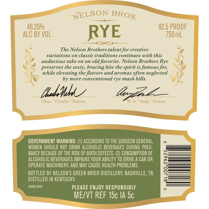 Nelson Bros Straight Rye Whiskey 92.5 - 750ML - Back Label