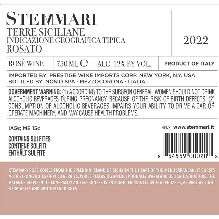 Stemmari Vino Rosato Terre Siciliane - 750ML - Back Label