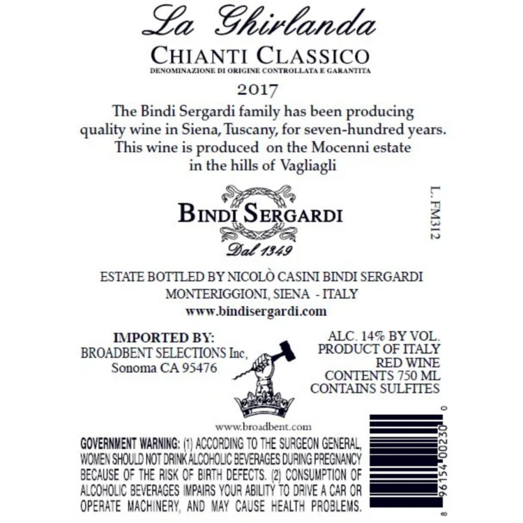 Bindi Sergardi Chianti Classico La Ghirlanda Tenuta Mocenni 2016 - 750ML - Back Label