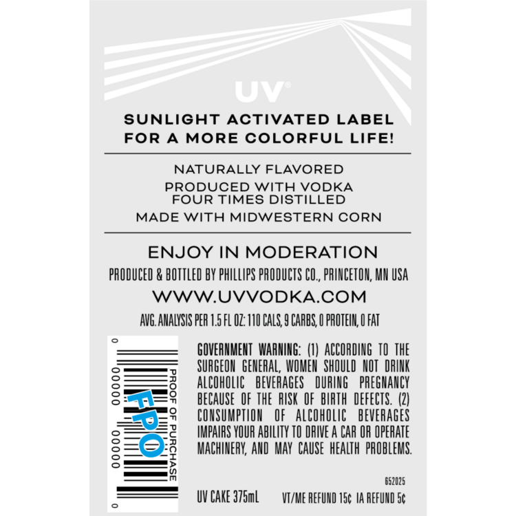 Uv Cake Flavored Vodka 60 - 375ML - Back Label