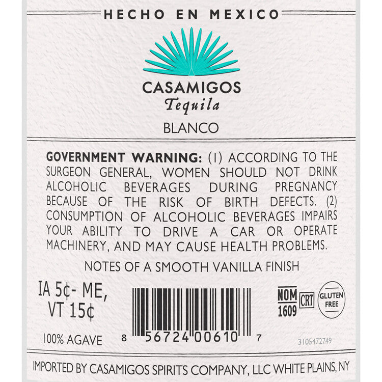 Casamigos Tequila Blanco 80 - 1.0L - Back Label