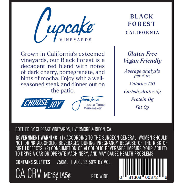 Cupcake Vineyards Decadent Red Black Forest California - 750ML - Back Label