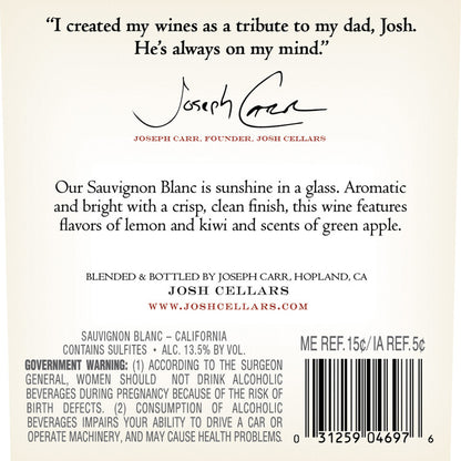 Josh Cellars Sauvignon Blanc North Coast - 750ML - Back Label