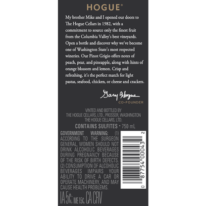 The Hogue Cellars Pinot Grigio Columbia Valley - 750ML - Back Label