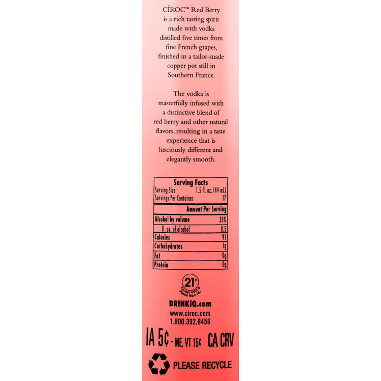 Ciroc Berry Flavored Vodka Red Berry 70 - 750ML - Back Label