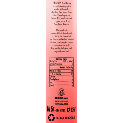 Ciroc Berry Flavored Vodka Red Berry 70 - 750ML - Back Label