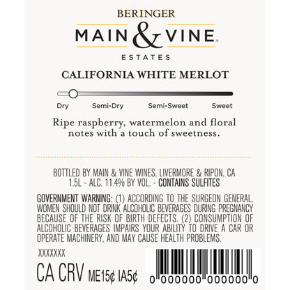Beringer Main & Vine White Merlot California - 1.5L - Back Label