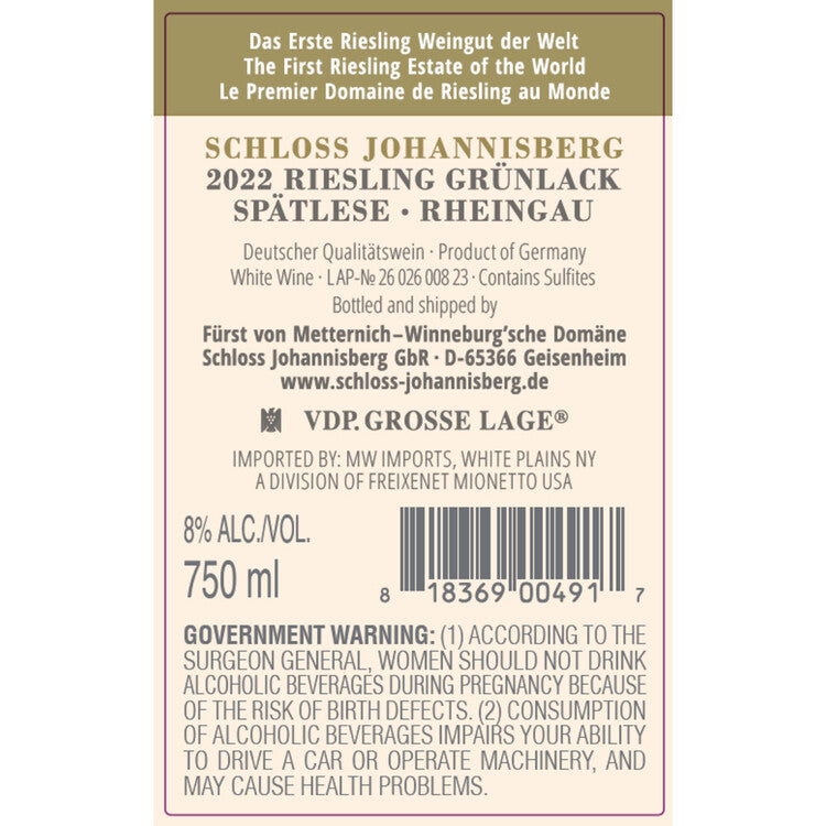 Schloss Johannisberg Riesling Spatlese Grunlack Rheingau Schloss Johan - 750ML - Back Label