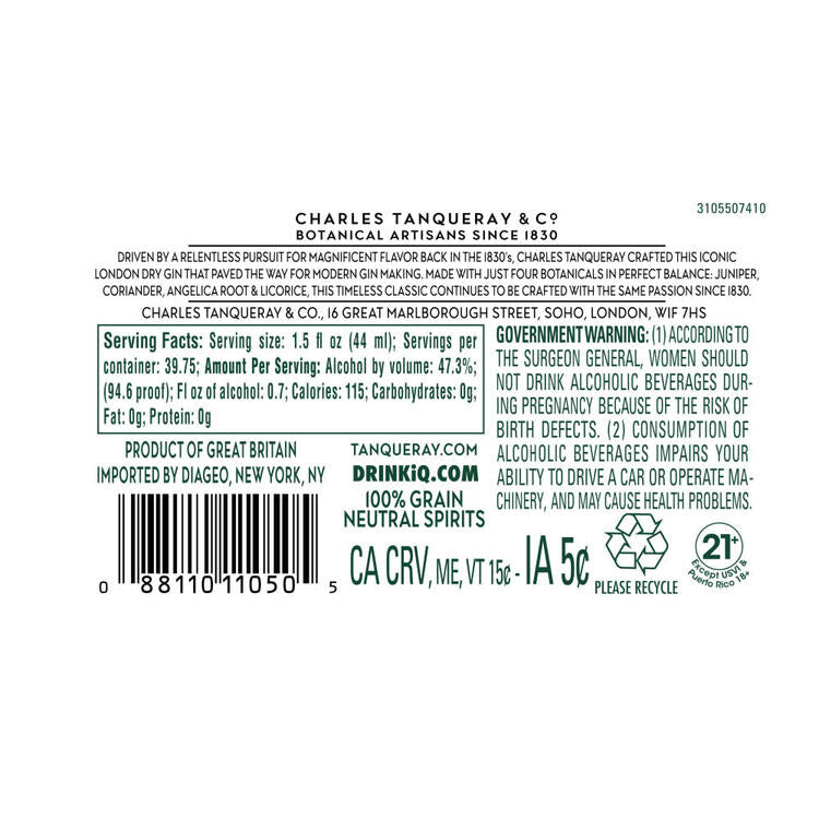 Tanqueray London Dry Gin 94.6 - 1.75L - Back Label